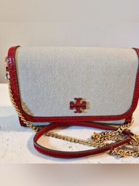 NWT Tory Burch Eleanor Small Convertible Shoulder Bag in red/canvas w/Gold Chain
